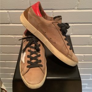 Golden Goose Deluxe Brand Tan with Red sneakers